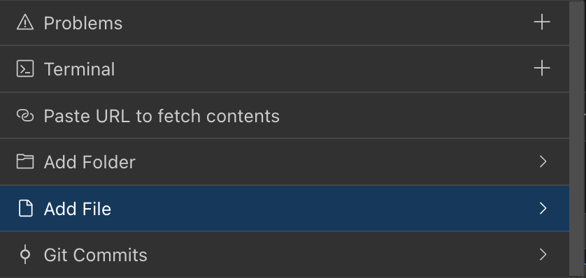 Context Mentions Overview - showing the @ symbol dropdown menu in the chat interface