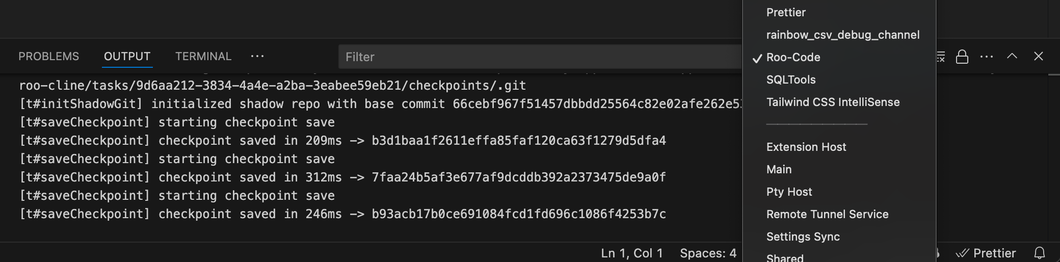 VS Code Output panel showing TRMR logs for troubleshooting