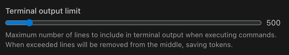Terminal output limit slider set to 500